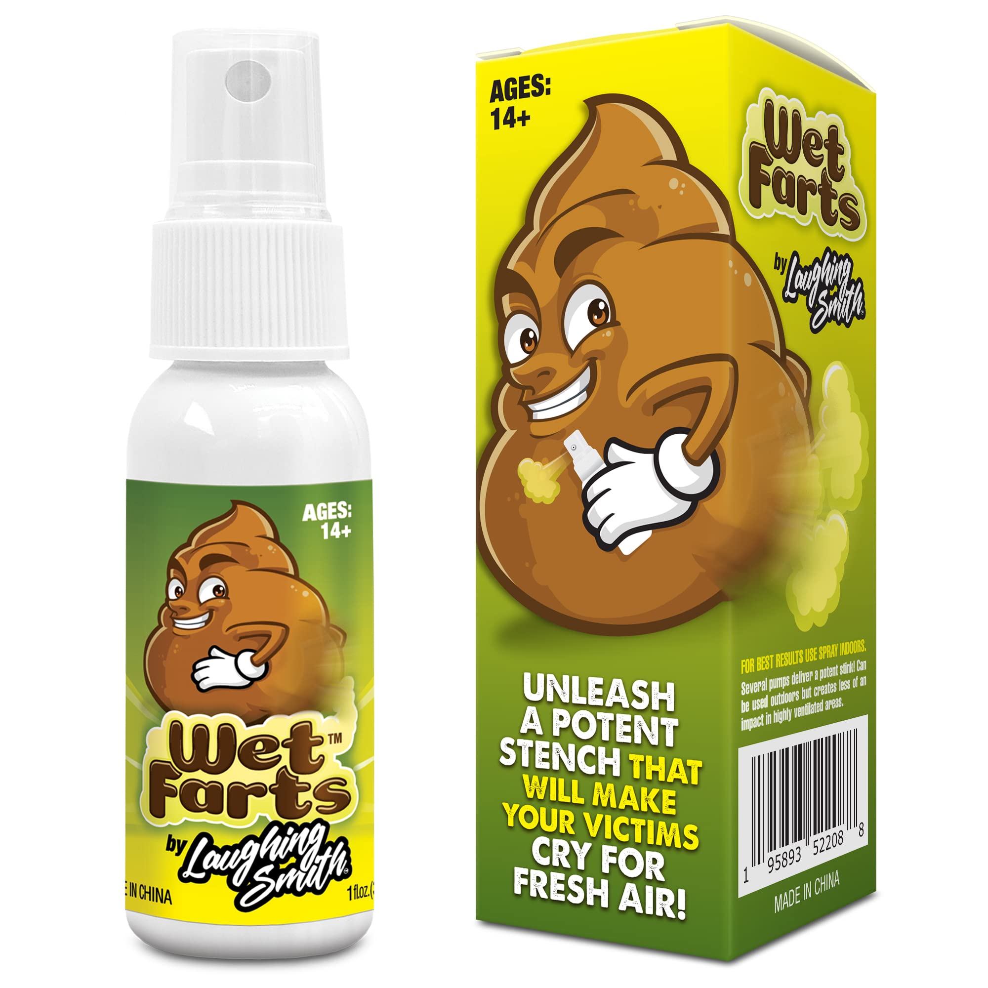 Laughing Smith Wet Farts bottle closeup, showcasing the potent prank scent for instant laughs.