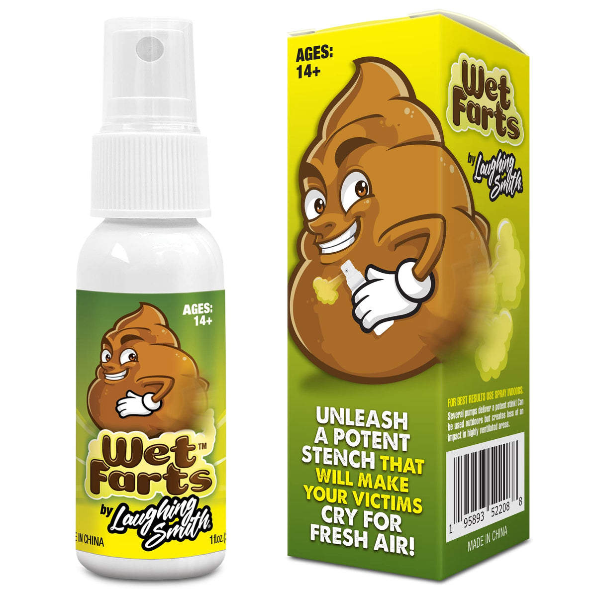 Laughing Smith Wet Farts bottle closeup, showcasing the potent prank scent for instant laughs.