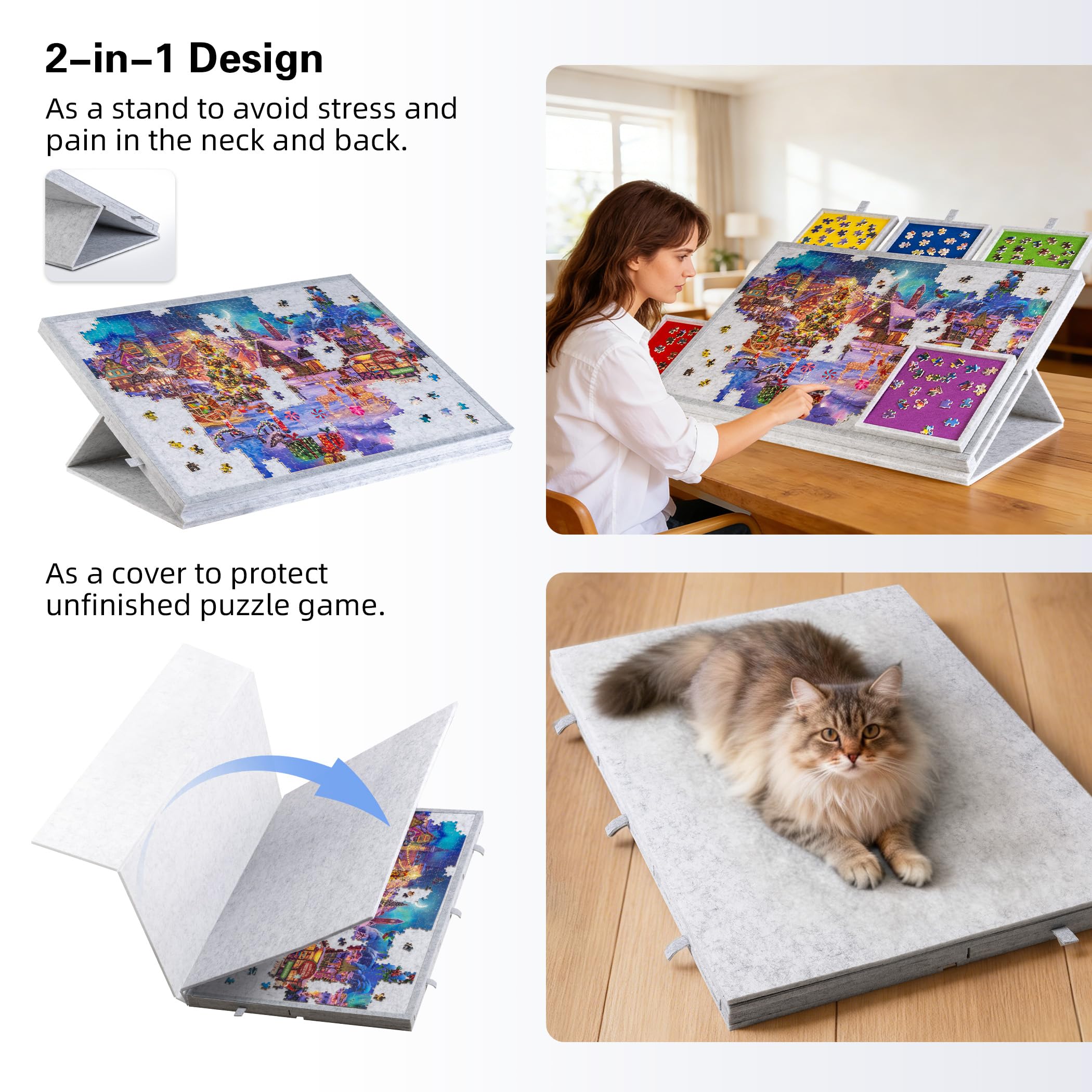 Lavievert 2-in-1 puzzle table tilt provides dust-free unfinished puzzles.