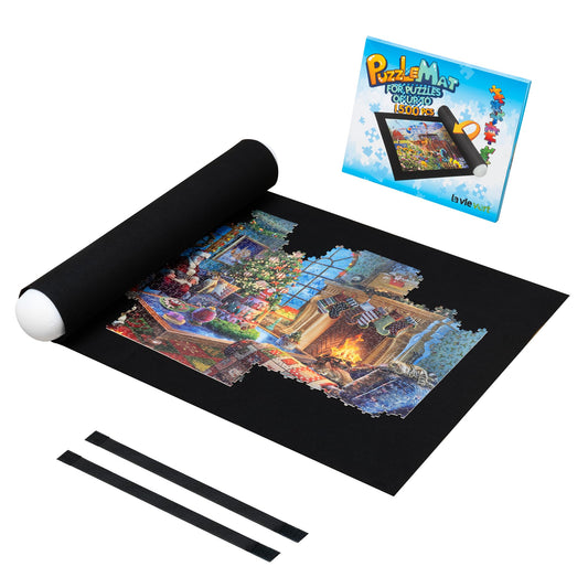 Lavievert jigsaw mat rollup on table keeps puzzle pieces flat and stable.