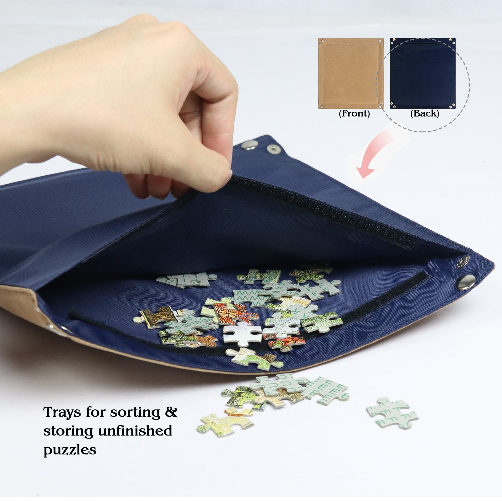 Lavievert puzzle board storage straps keep finished sections secure for stacking.