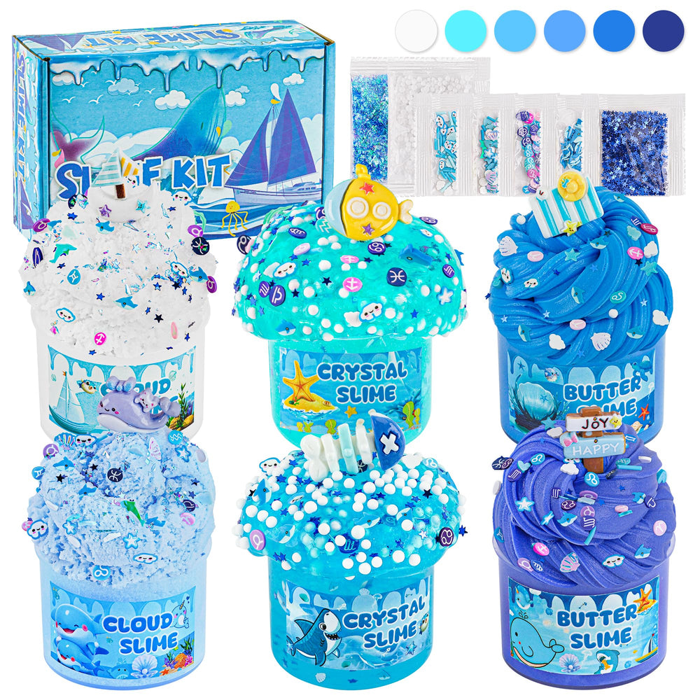 LAWOHO Blue Ocean Slime Kit with three textures in a 360ml set, perfect for kids' tactile play.