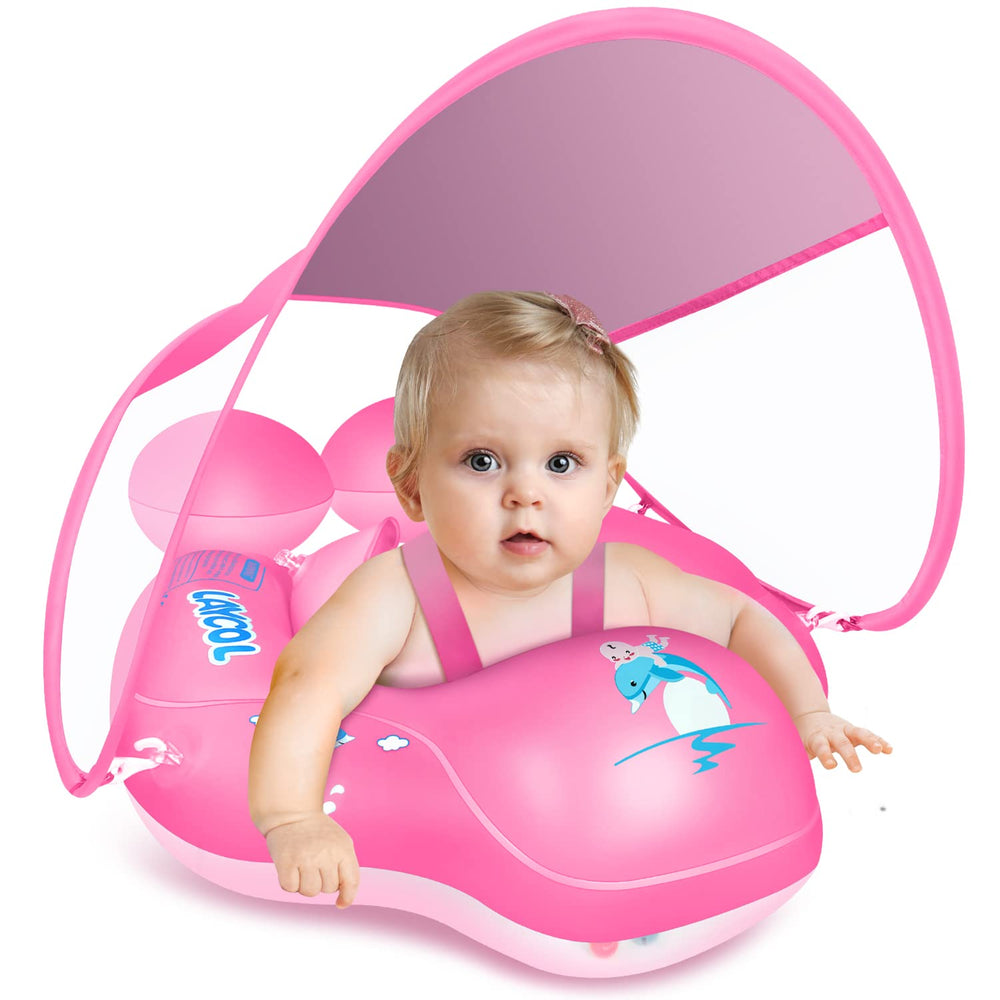 LAYCOL baby float with canopy offers UPF50+ sun protection for outdoor play