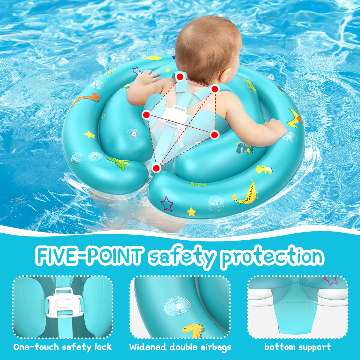 LAYCOL float features five-point safety harness for secure restraint.