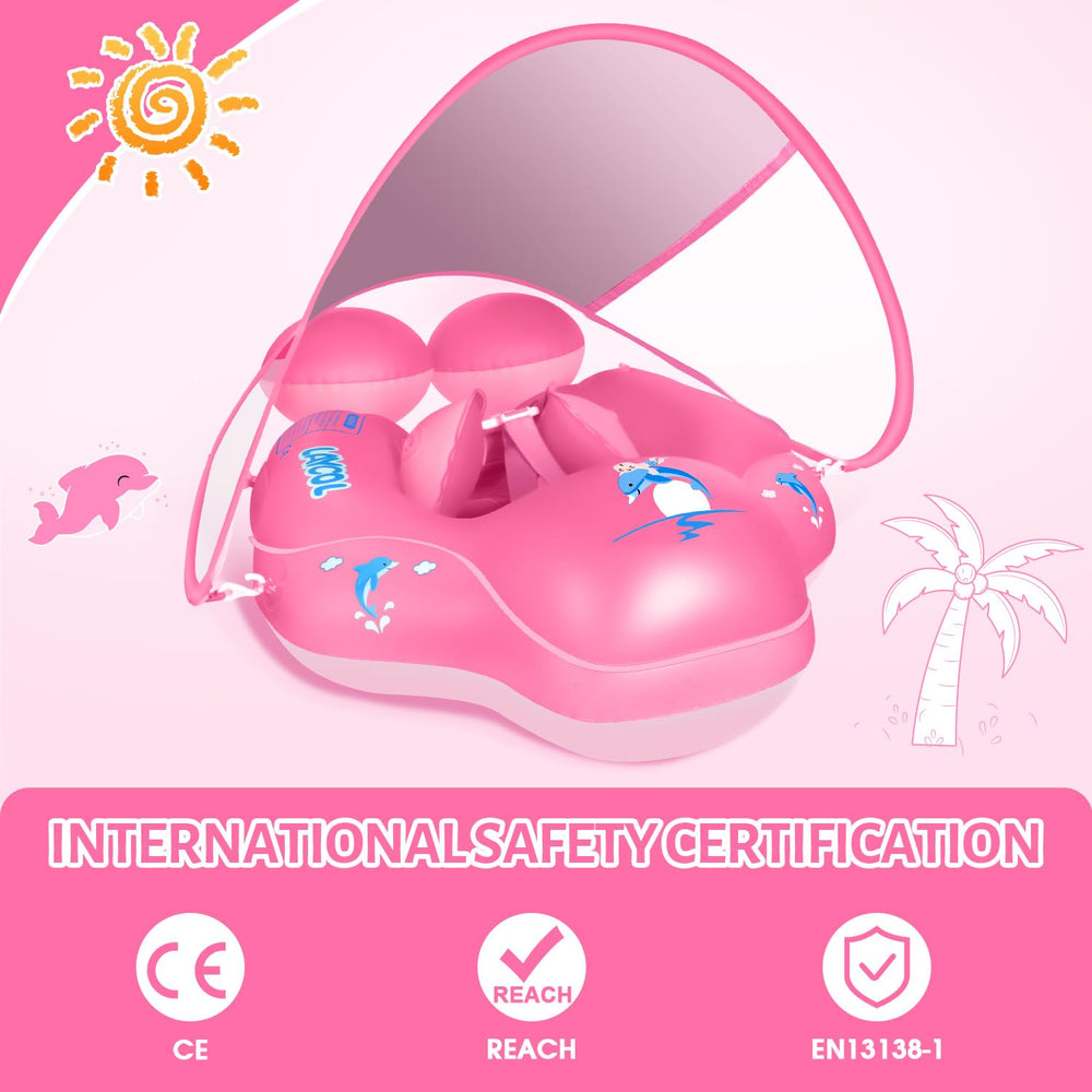 LAYCOL baby float with canopy side view highlighting anti-flip stability