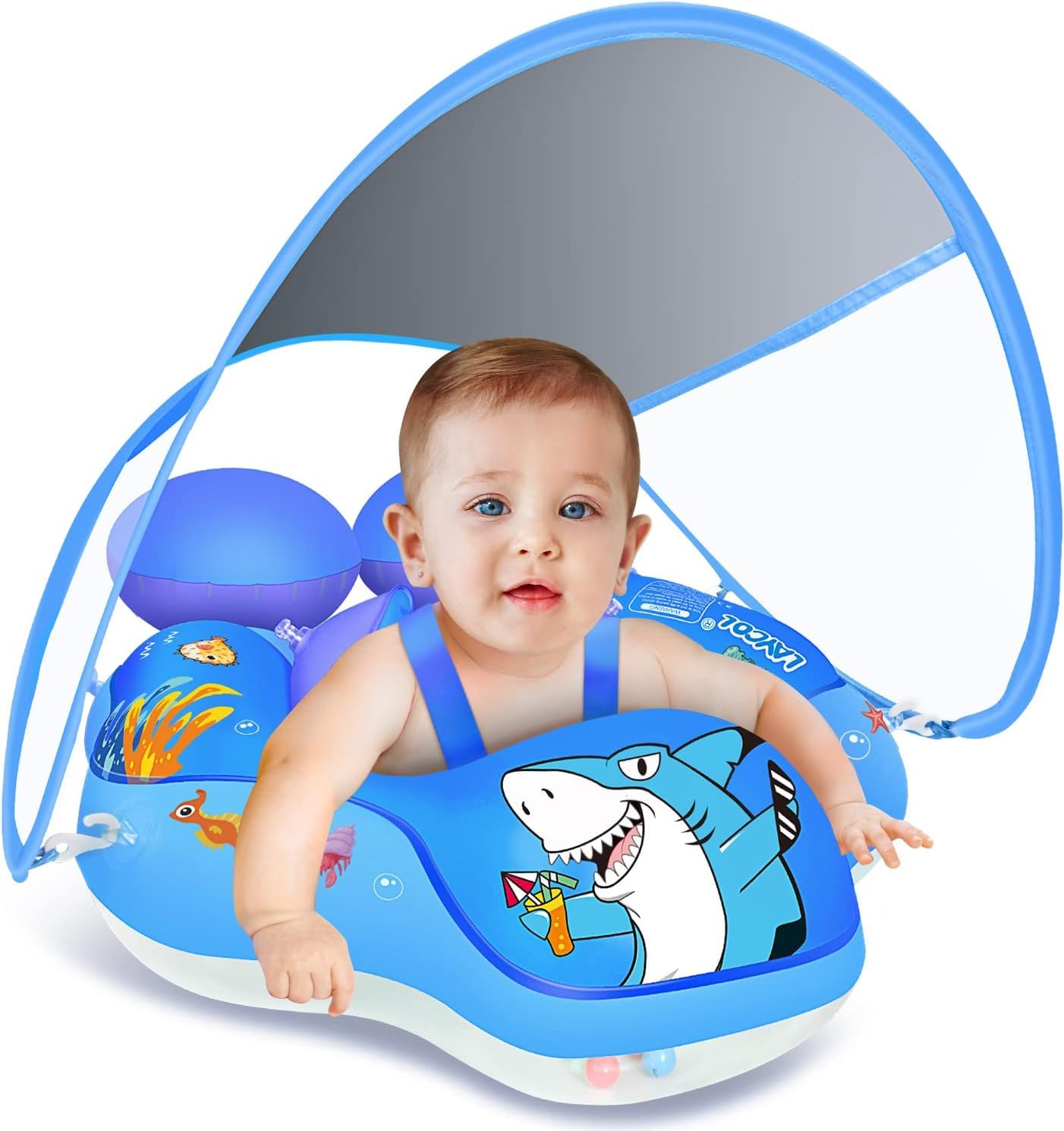 LAYCOL baby pool float with canopy provides UPF50+ sun protection for infants