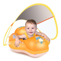LAYCOL baby swim float with canopy protects skin during sunny pool days.