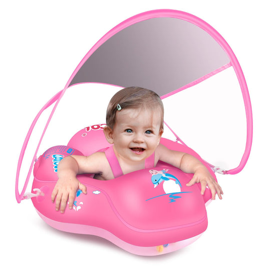 LAYCOL baby swim float with canopy pink front view shows sun protection.