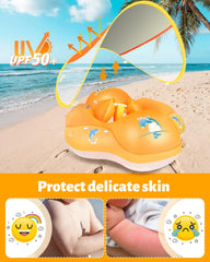 LAYCOL baby swim float canopy view shows removable UPF50+ shade for worry-free sun time.