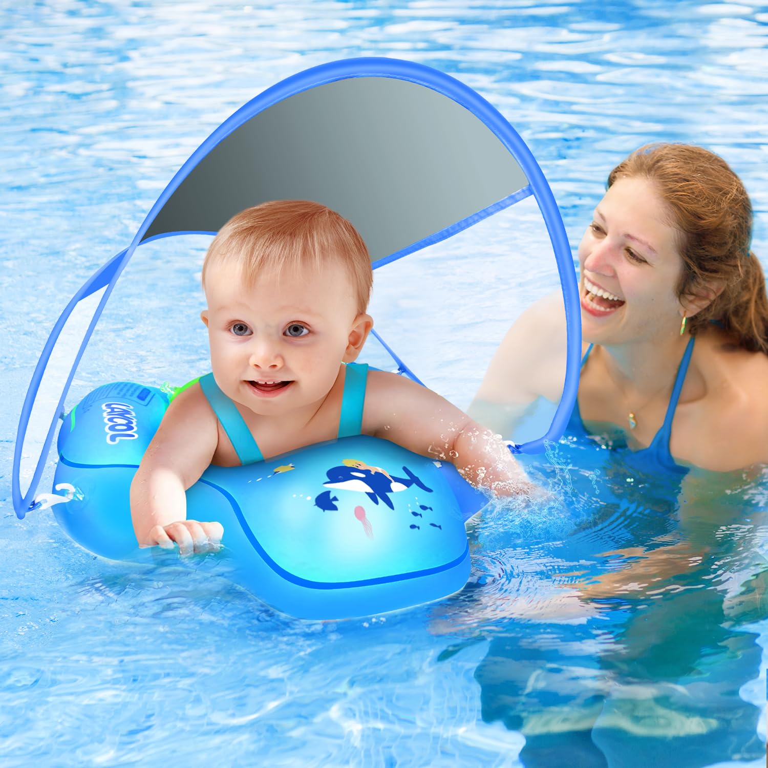 LAYCOL baby swimming float with UPF50+ canopy protecting delicate skin