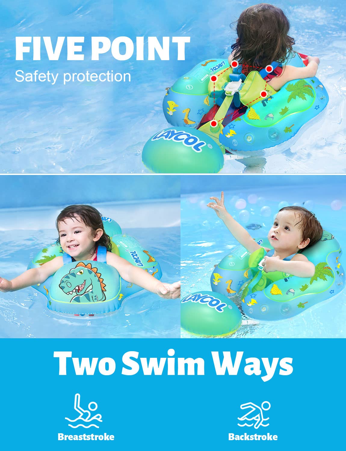 LAYCOL baby float featuring raised front and widened sides for added security.