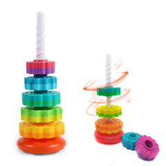 LBAIBB Rainbow Spin Tower shown during stacking play to develop fine motor skills