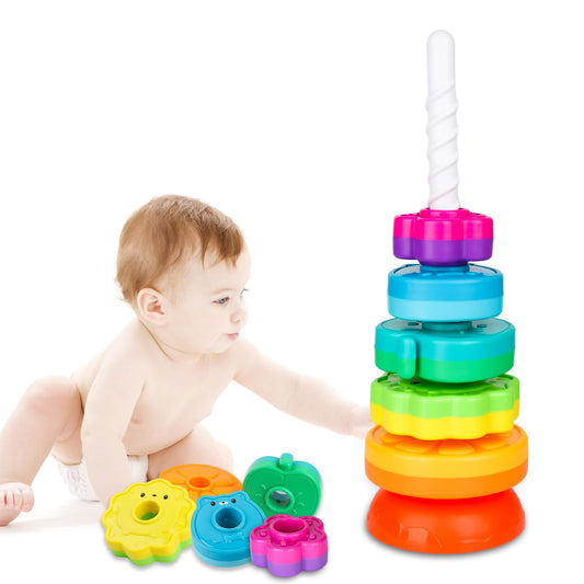 LBAIBB Spin Stack Toy discs in rainbow colors enhance fine motor skills during play.