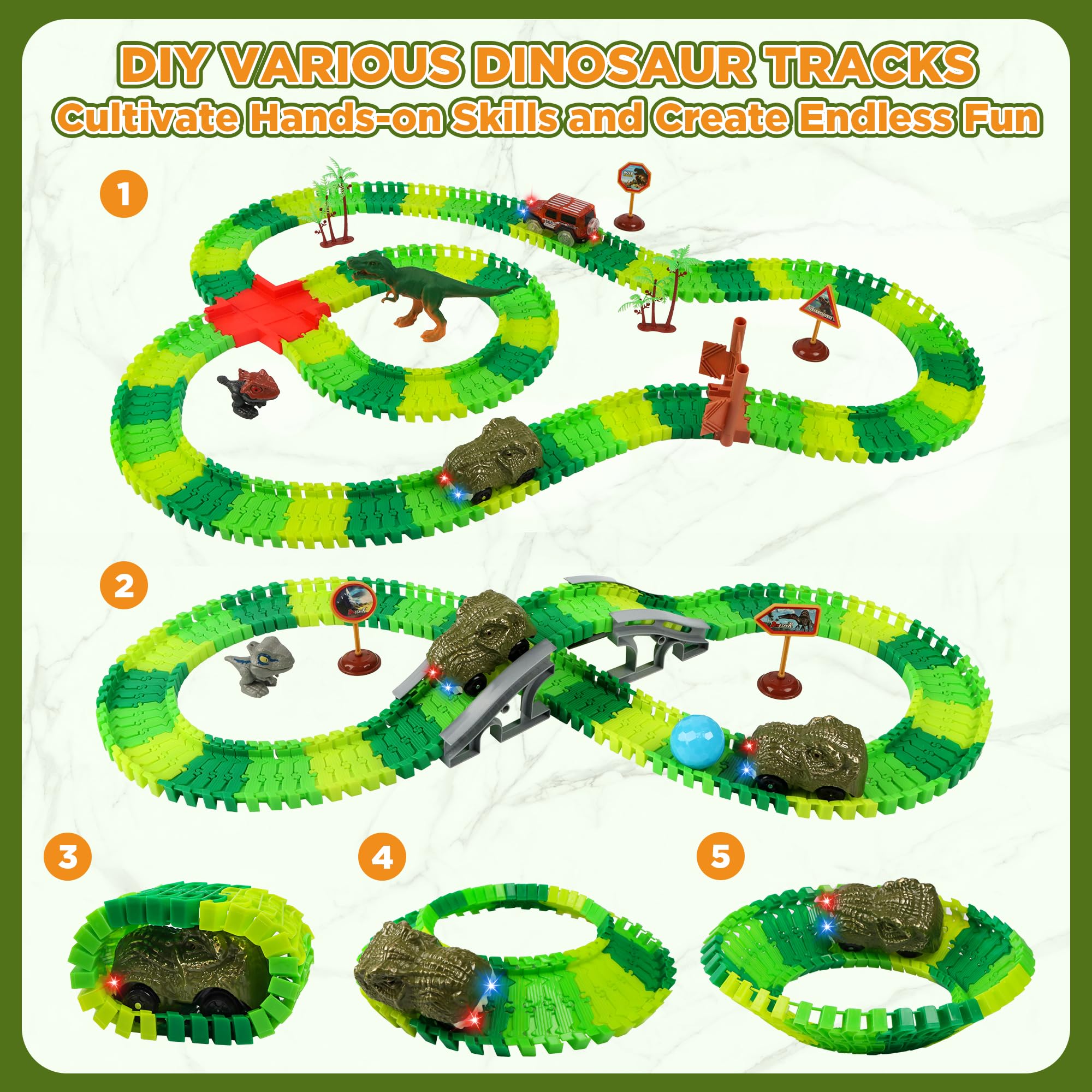 LCIMG Dinosaur race cars with lights enhance nighttime play and visibility.