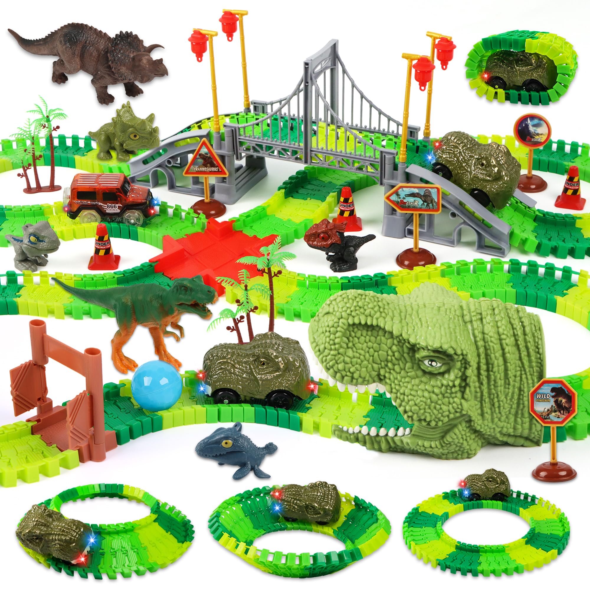 LCIMG Dinosaur Track Race Car Set on flexible track for imaginative play.