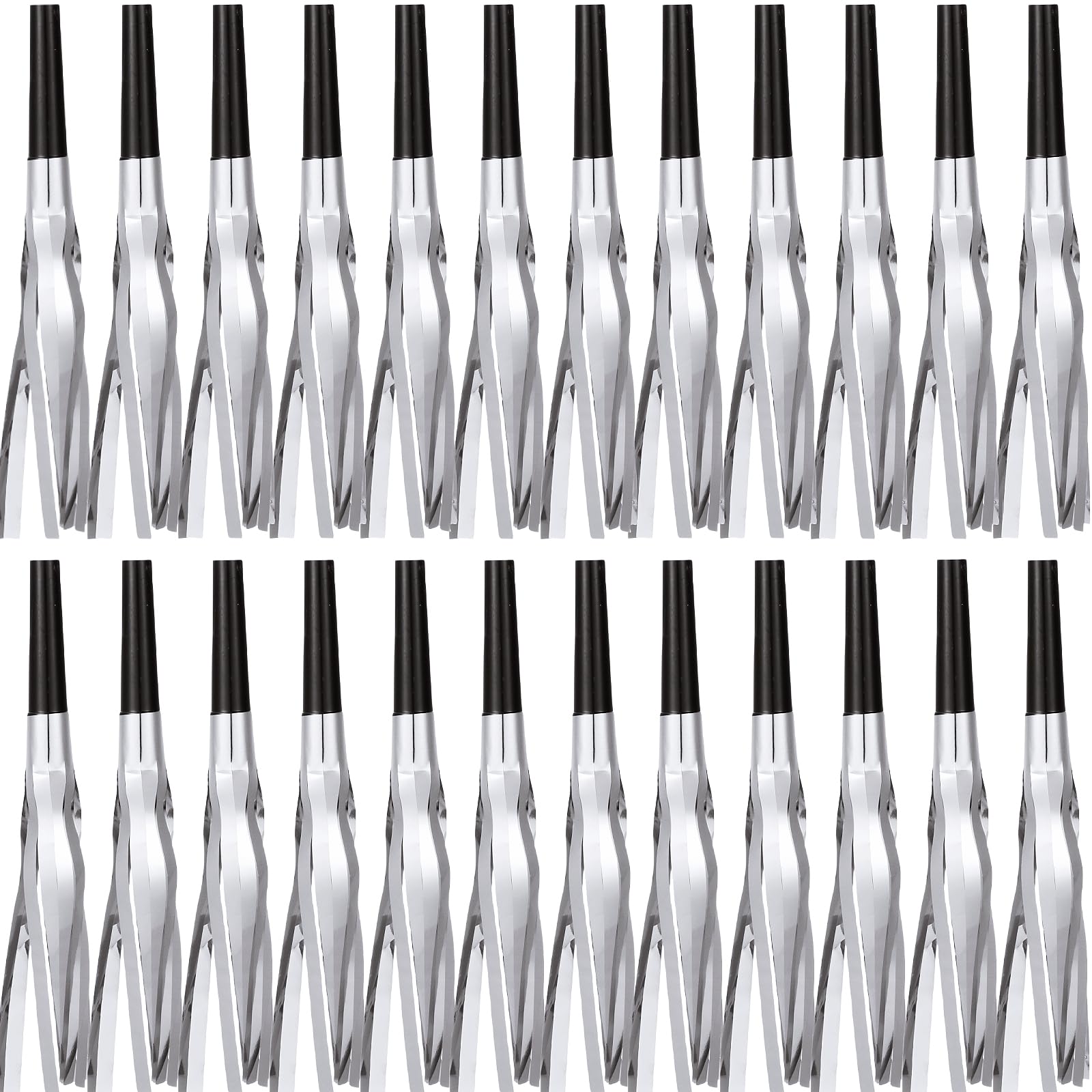 LCPQMZGH silver glitter fringed noise makers horns close-up, durable party favors for celebrations.