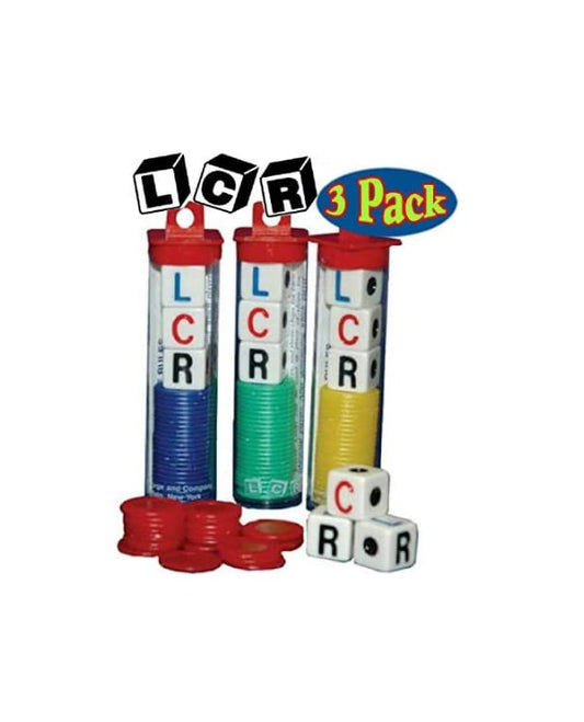 LCR dice game set bundle with colorful dice and chips for family game night