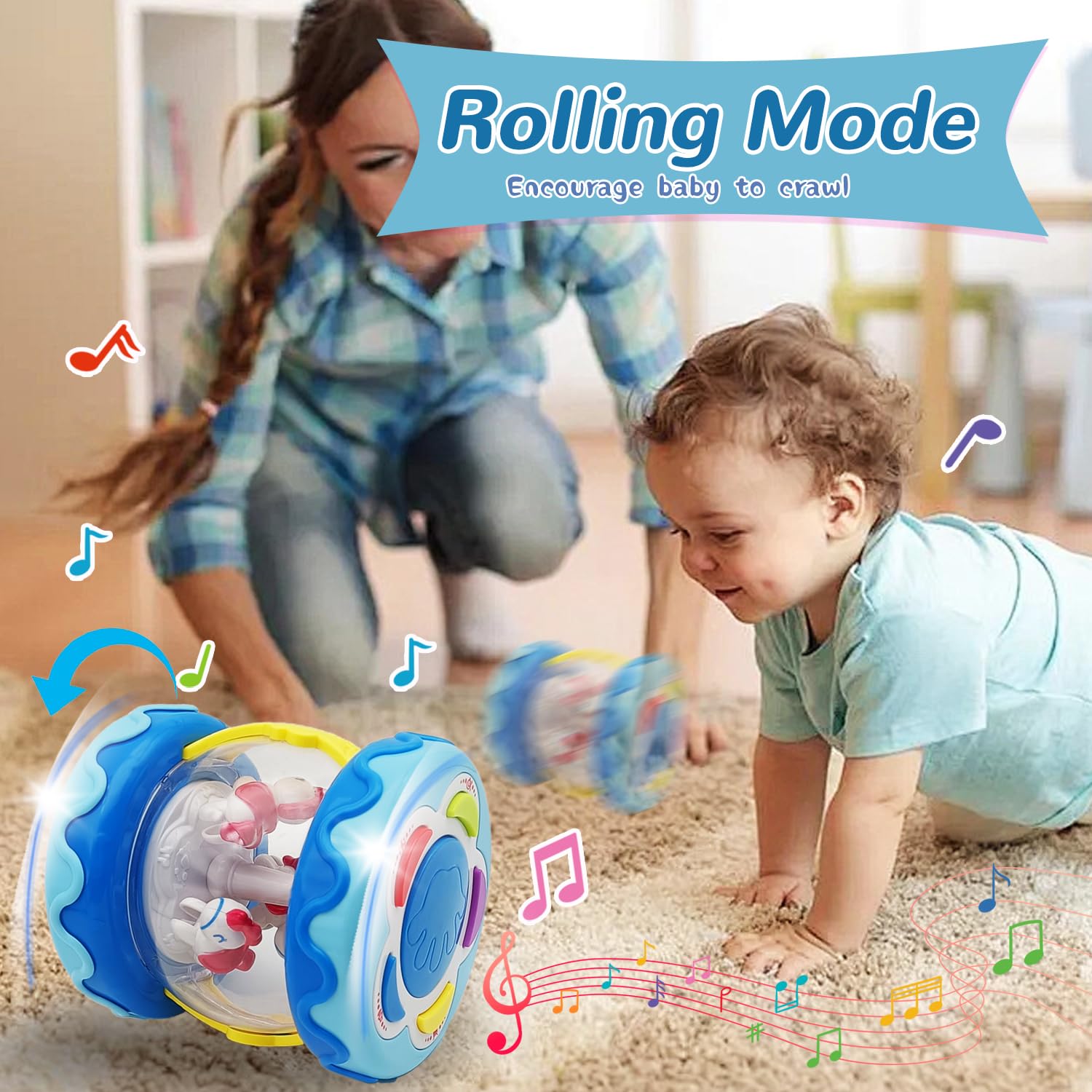 LDRYWW rotating light toy blue with soft lights for attention.