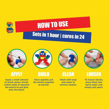 Le Glue demonstrated with warm water to release bricks.