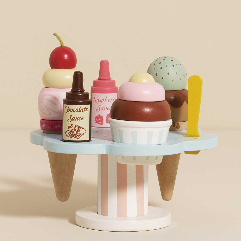 Sturdy wooden holder keeps Carlo's Gelato pieces neatly stored and accessible.