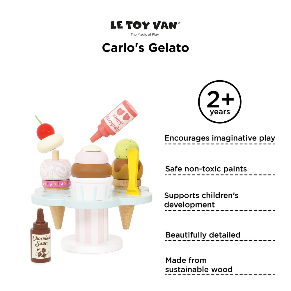 Close-up of rubberwood texture on Carlo's Gelato pieces.