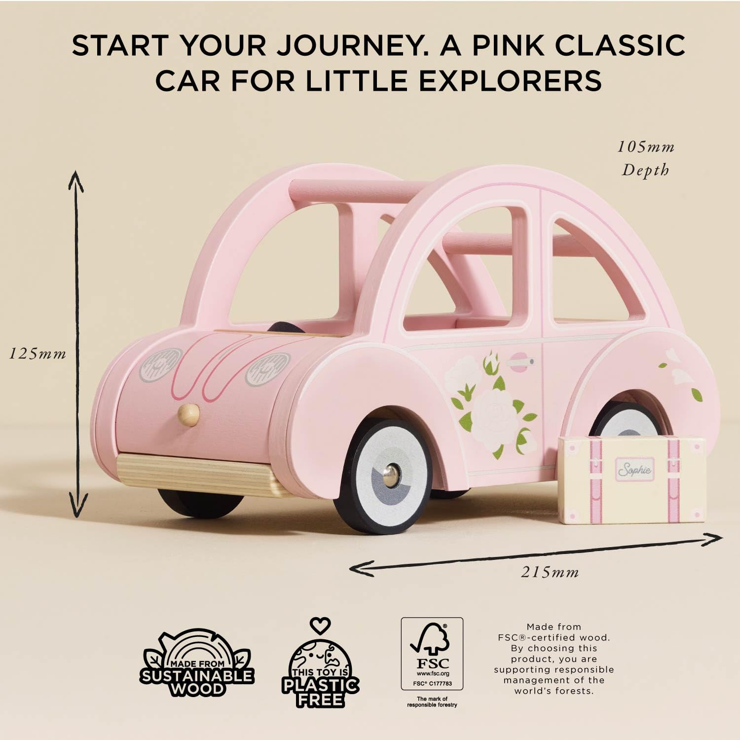 Sophie’s car fits neatly within dollhouse scenes for travel-inspired storytelling.