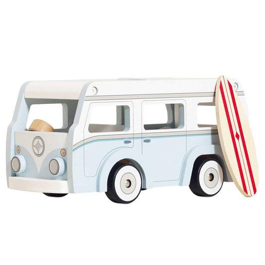 Le Toy Van holiday campervan with surfboard for imaginative beach play