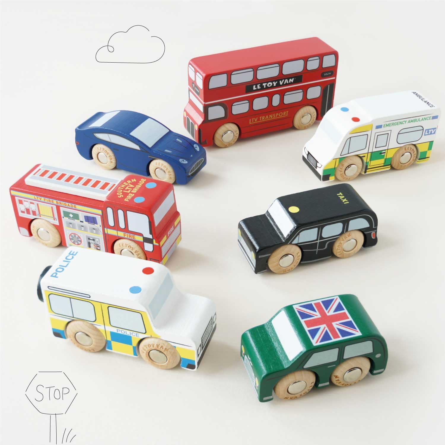 Le Toy Van London Car Set ambulance for caring adventures.