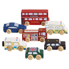 Le Toy Van London Car Set double-decker bus on wooden track sparks imaginative play.