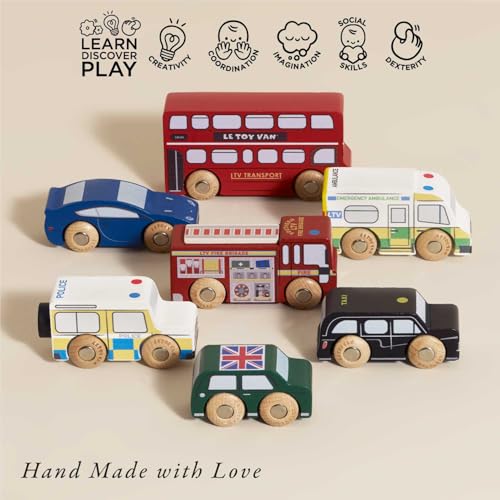 Le Toy Van London Car Set fire engine ready for rescue play.