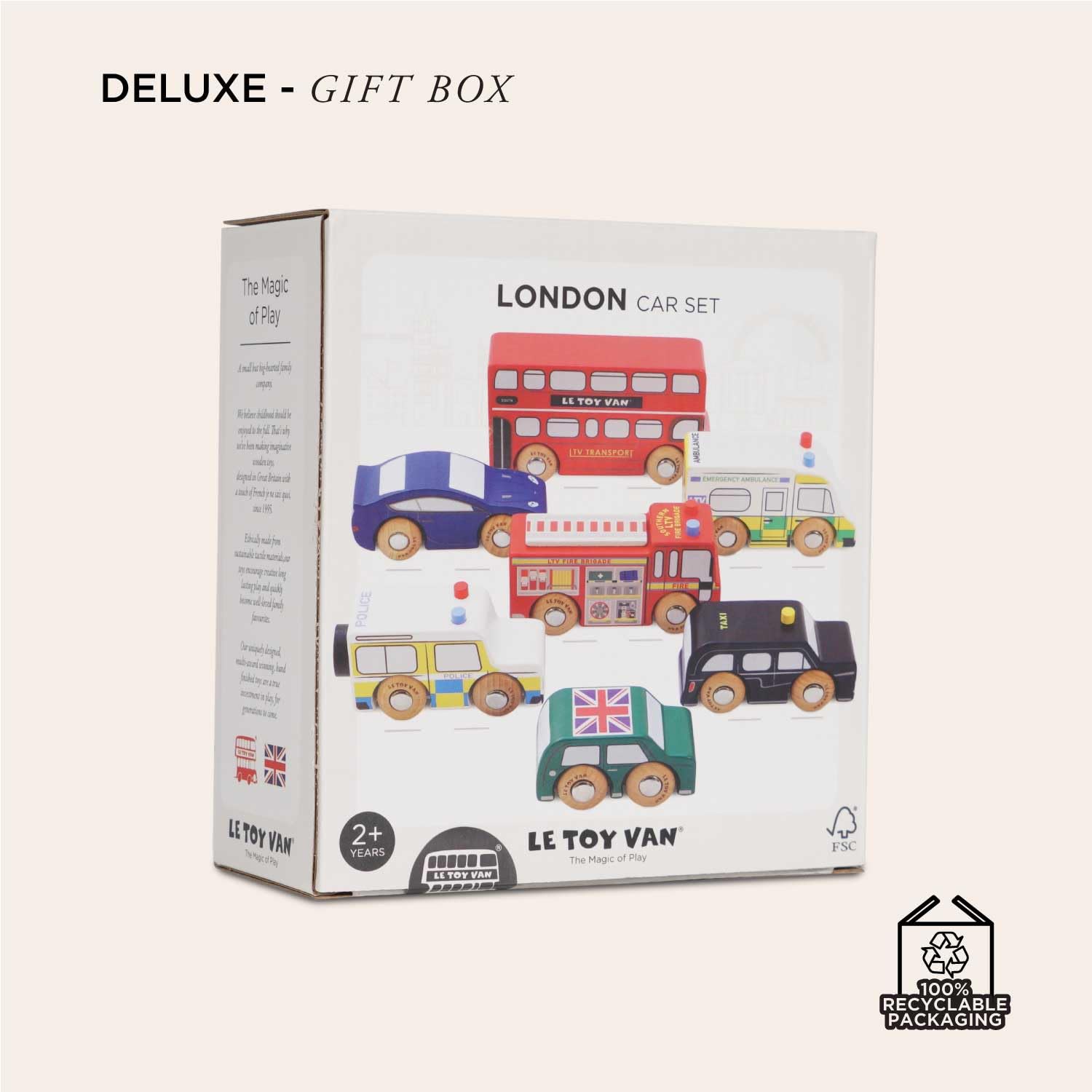 Le Toy Van London Car Set compatible with wooden tracks for extended play.