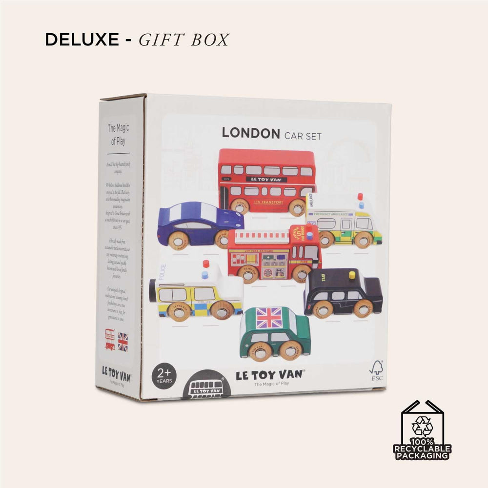 Le Toy Van London Car Set compatible with wooden tracks for extended play.
