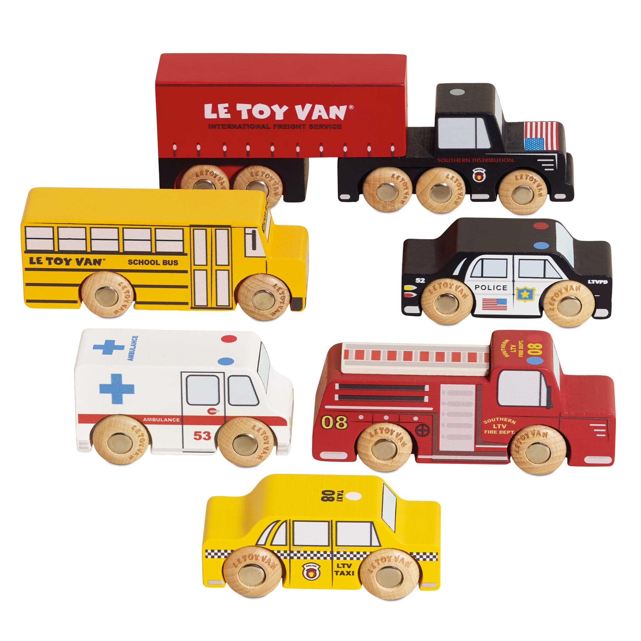 Le Toy Van New York car set school bus on wooden track for imaginative play