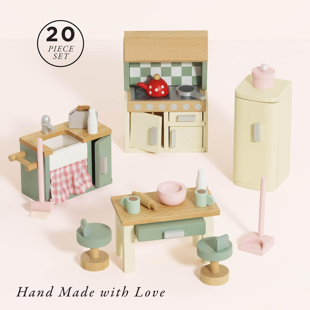 Le Toy Van Rosebud Kitchen larder fridge opens for storage role-play