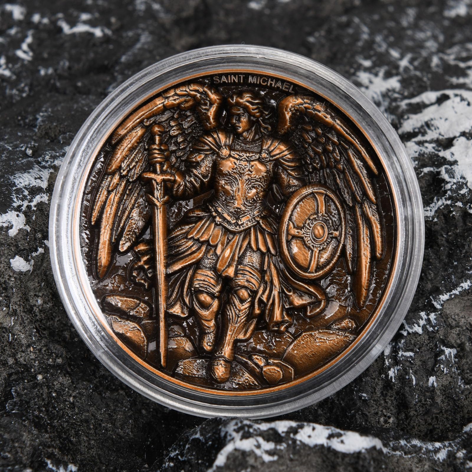 Leabet Saint Michael antique-finish close-up showcases bronze tones and vintage feel.