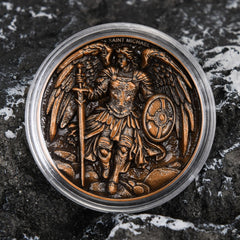 Leabet Saint Michael antique-finish close-up showcases bronze tones and vintage feel.