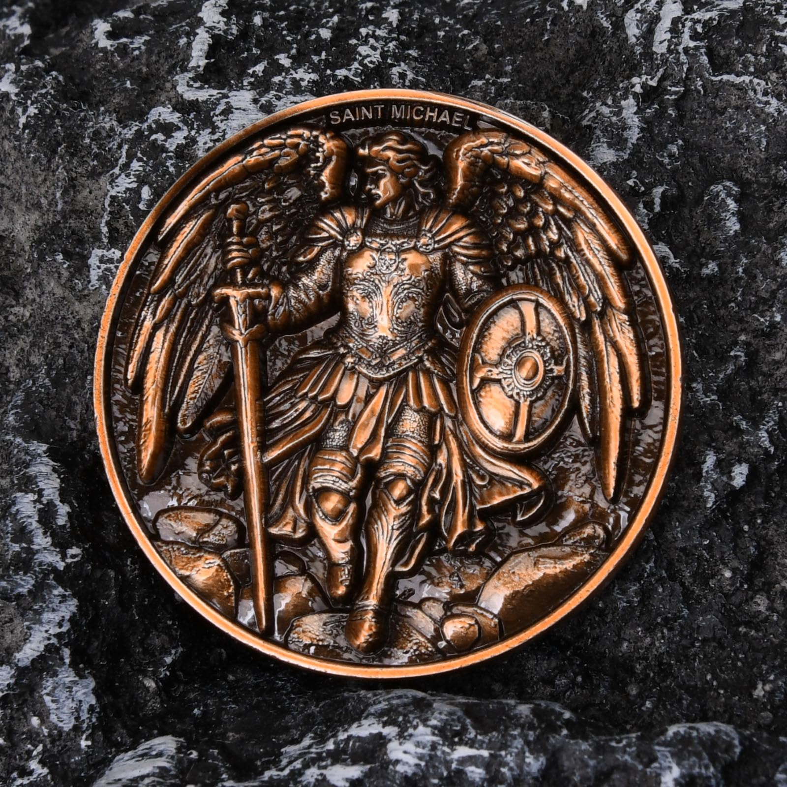 Leabet Saint Michael coin two-sided design offers versatile display or carry options.