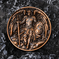 Leabet Saint Michael coin two-sided design offers versatile display or carry options.