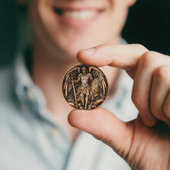 Leabet Saint Michael prayer-side close-up presents the engraved blessing for guidance.