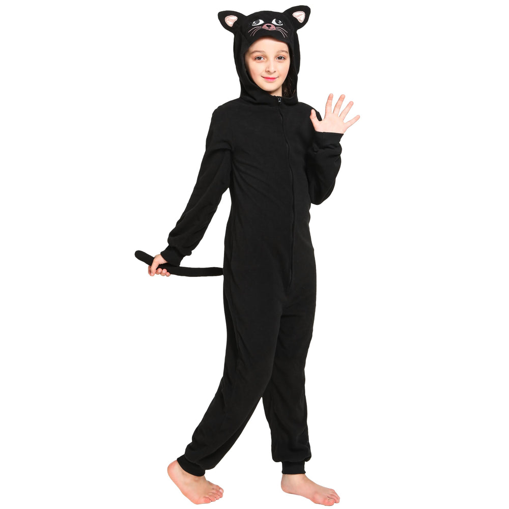 Leadtex black cat costume for kids with plush hood, cozy warmth for autumn nights.