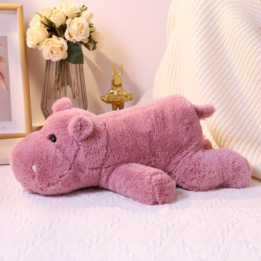 Leahaoe weighted hippo snuggle pose demonstrates comforting hug for kids and adults