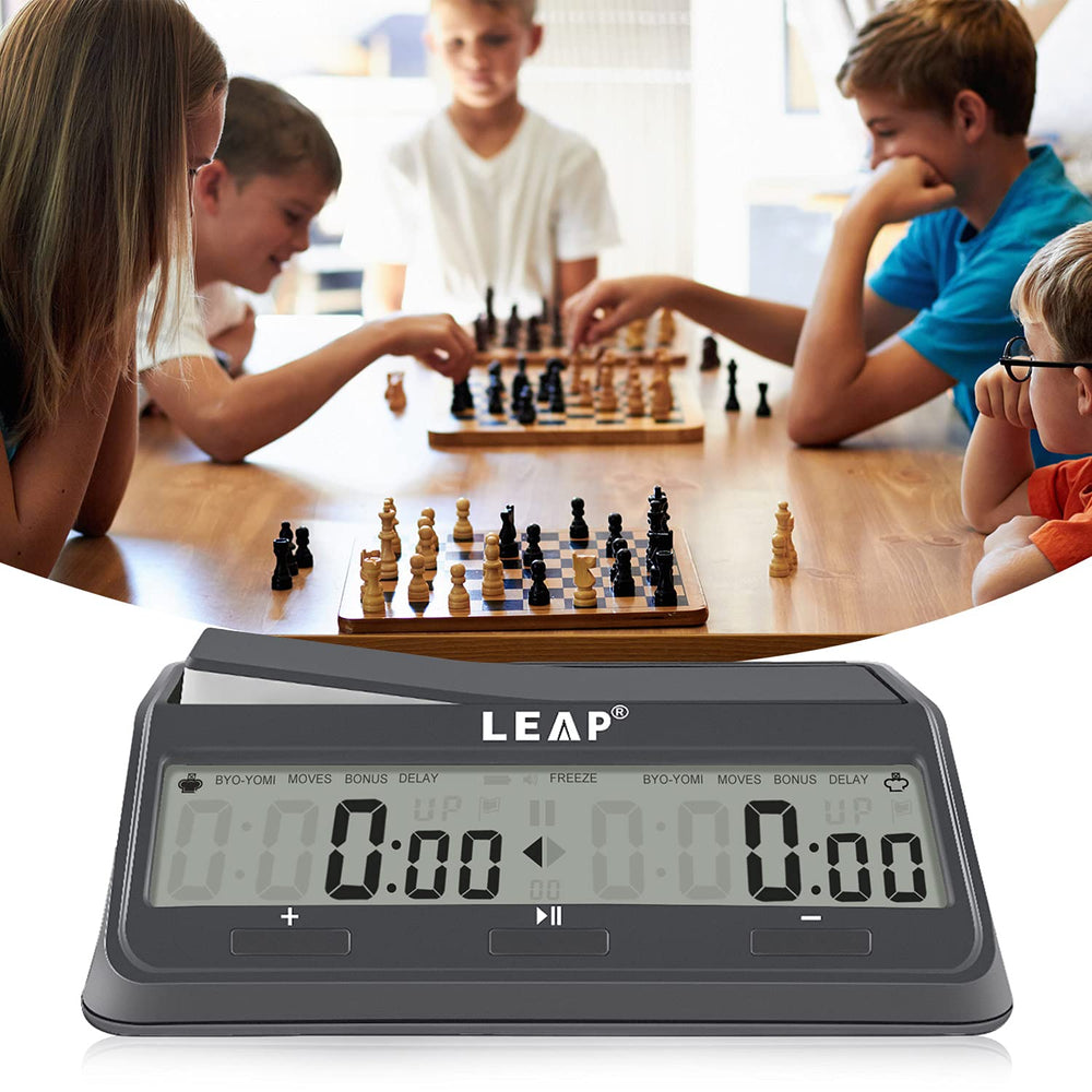 LEAP Chess Clock 9921 setup menu highlighting easy programming for tournaments