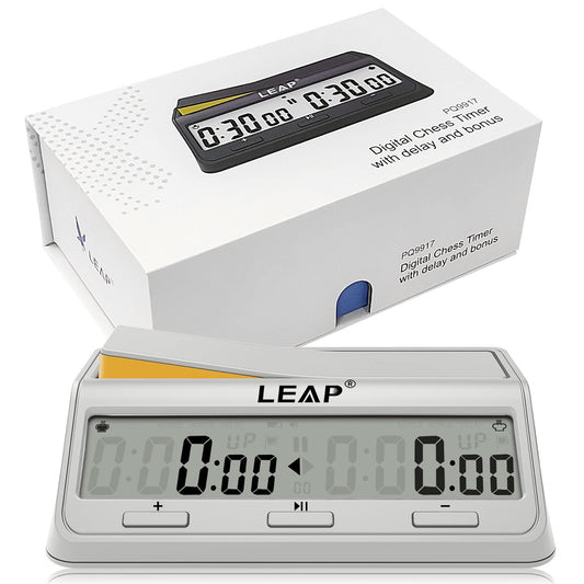 LEAP chess clock with advanced program settings on large display for quick edits.