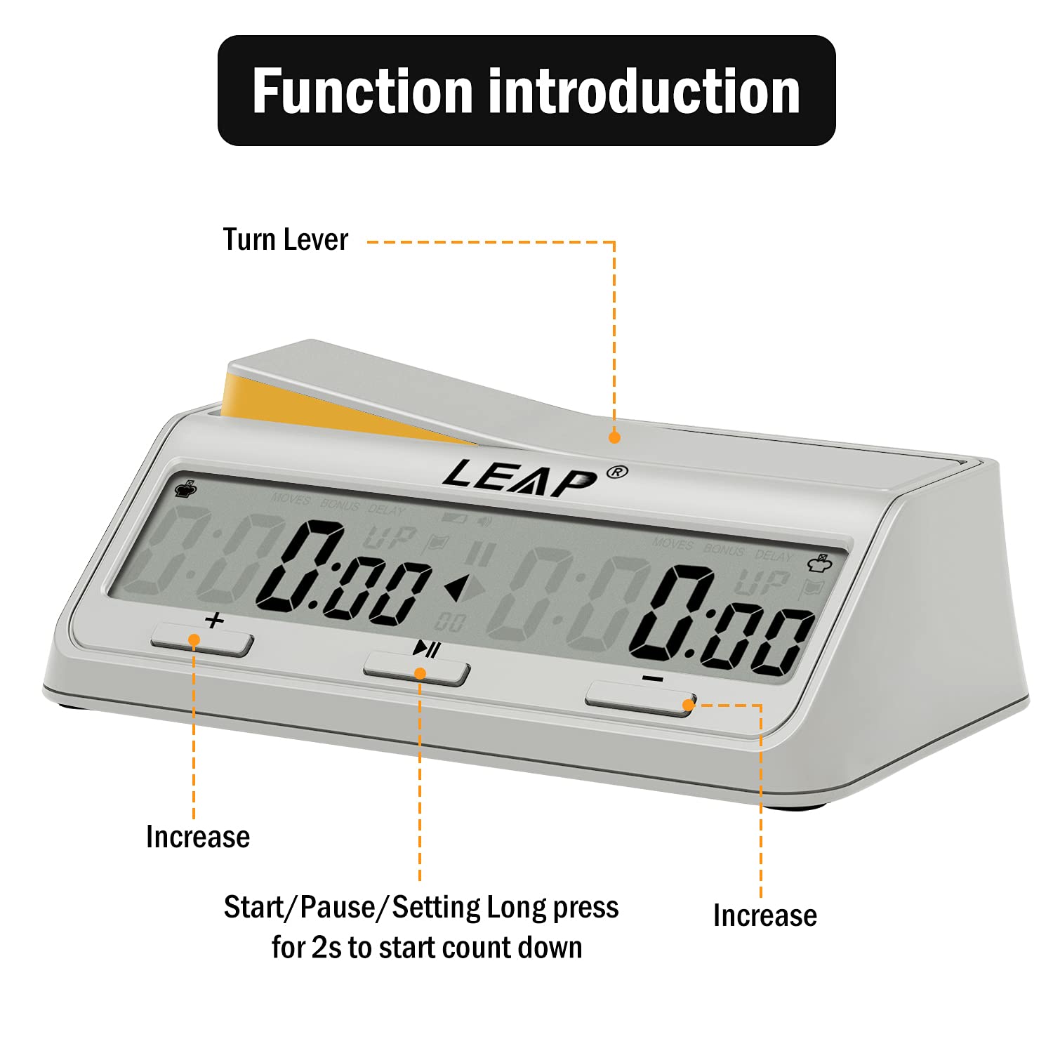 LEAP chess clock durable ABS shell with milk-white finish for daily use.