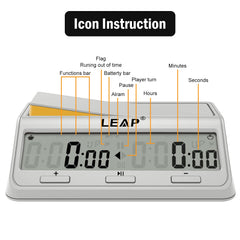 LEAP chess clock multi-function panel showing bonus, delay, and alarm options.