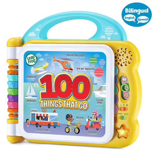 LeapFrog 100 Things That Go language switch — enables bilingual word exposure.