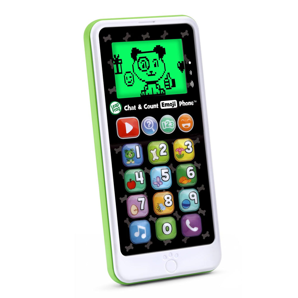 LeapFrog Chat and Count Emoji Phone Green close-up shows Scout video button.