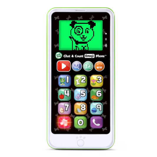 LeapFrog Chat and Count Emoji Phone Green side angle highlights light-up number buttons.