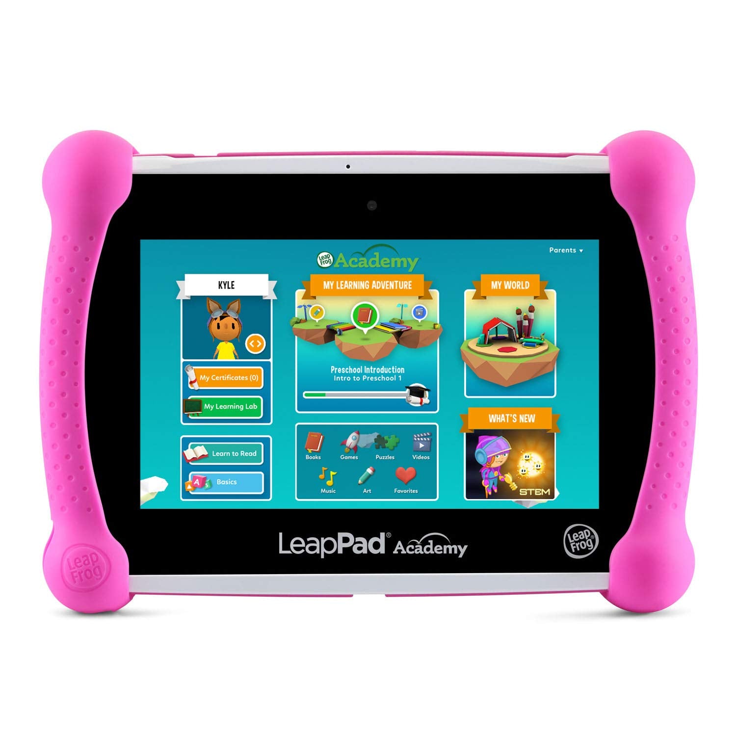 LeapFrog LeapPad Academy Pink child using tablet to learn reading and math.