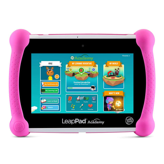 LeapFrog LeapPad Academy Pink child using tablet to learn reading and math.